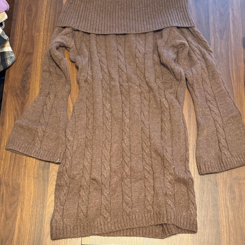 Brown Off-Shoulder Cable Knit Sweater Dress